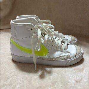 Nike White and Neon Yellow High-Top Sneakers